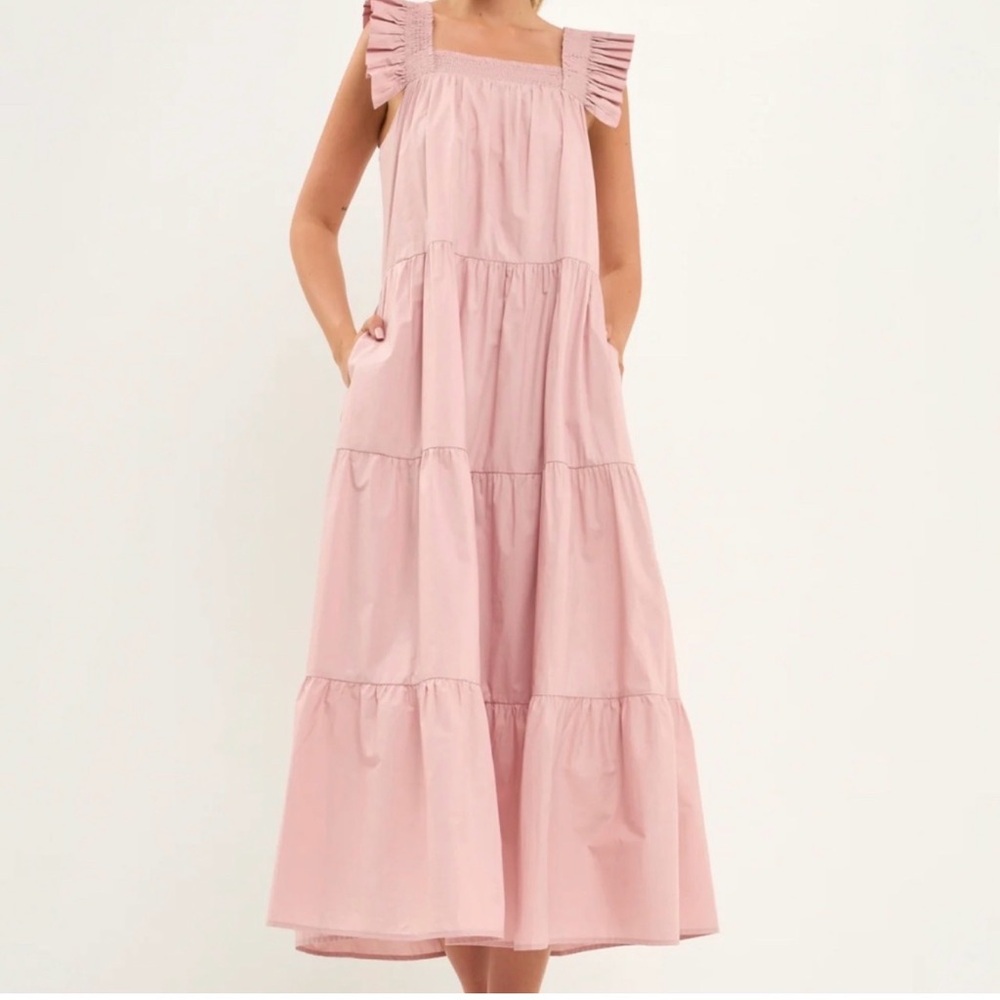 English Factory Pink Tiered Maxi Dress with Ruffled Straps